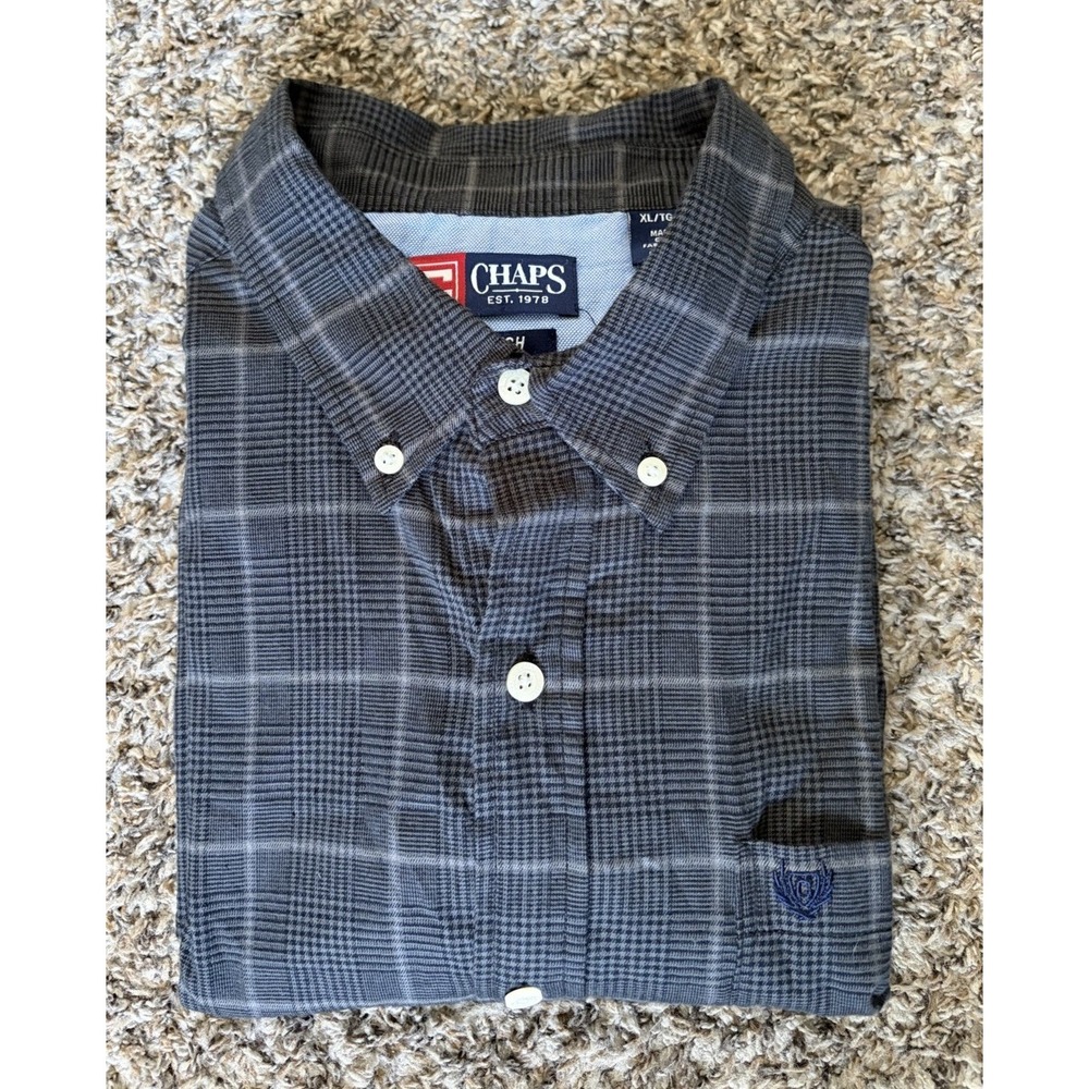 Chaps Button Down Shirt XL Long Sleeve Gray Plaid Crest Logo